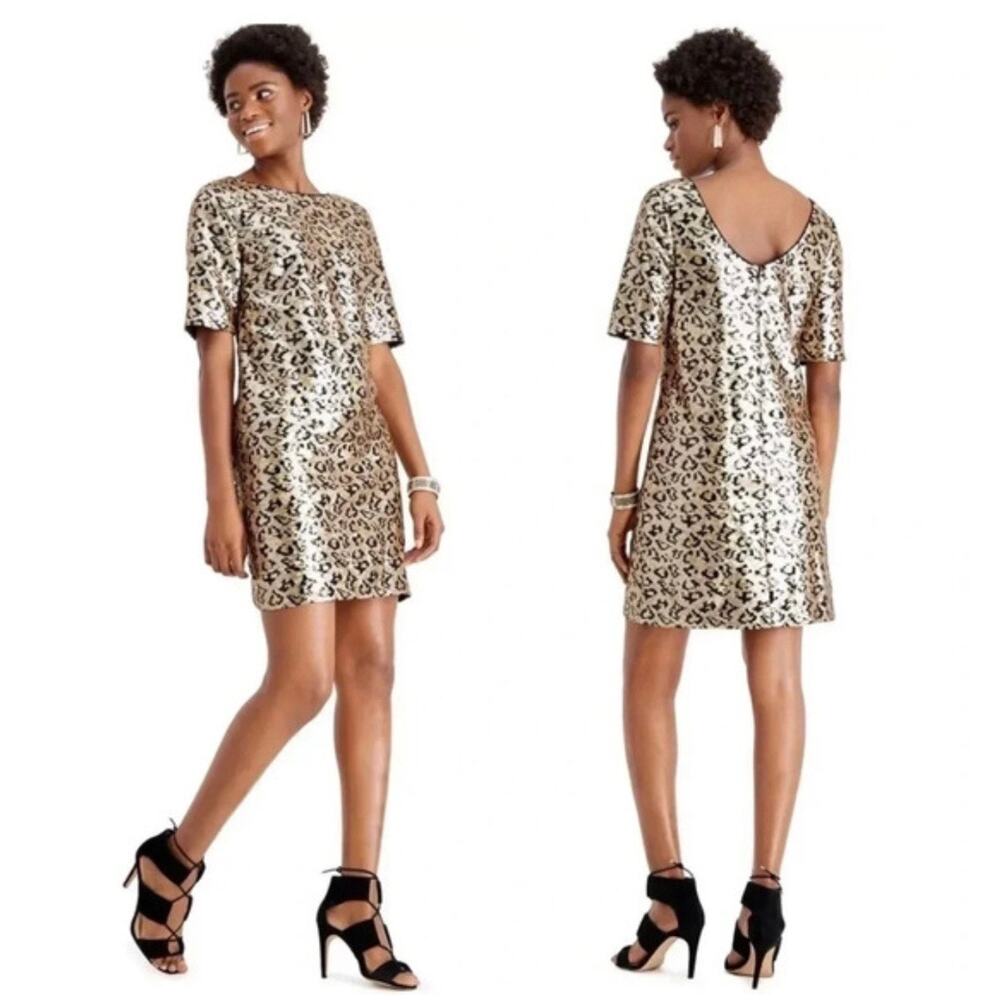 BETSEY JOHNSON | Leopard Sequin Shift Dress Mini Tan Black Gold Sleeve | Size 10